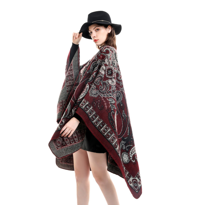 Dam jacquard-woven oversized ruana med ornamentation och open kimono fall drape
