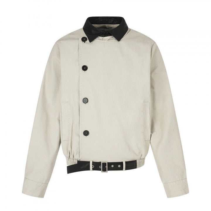 Herr short-cut bomber blouson jacka i vintage canvas med läder krage och midja belt