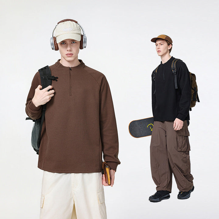 Herr Waffle Structure Halv Dragkedja Pullover med Ståkrage och Avslappnad Passform Drune