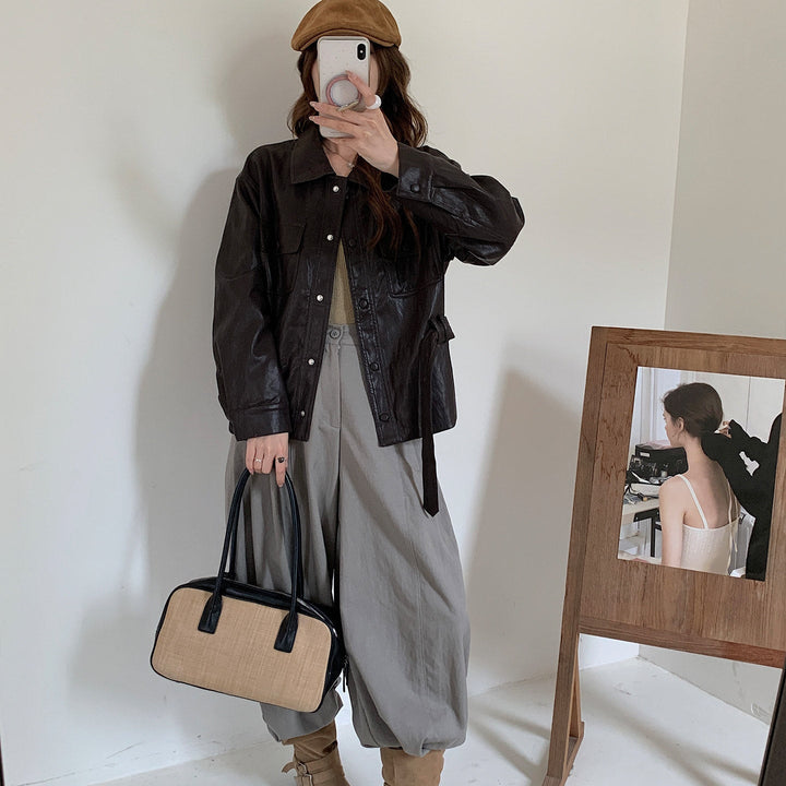 Dam kort oversize läder jacka med midja dragsko och Snap knappslå