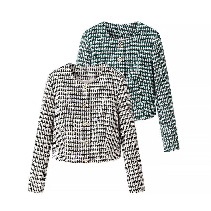 Dam skräddad Boucle kort blazer med Houndstooth mönster och dekorativ knappar