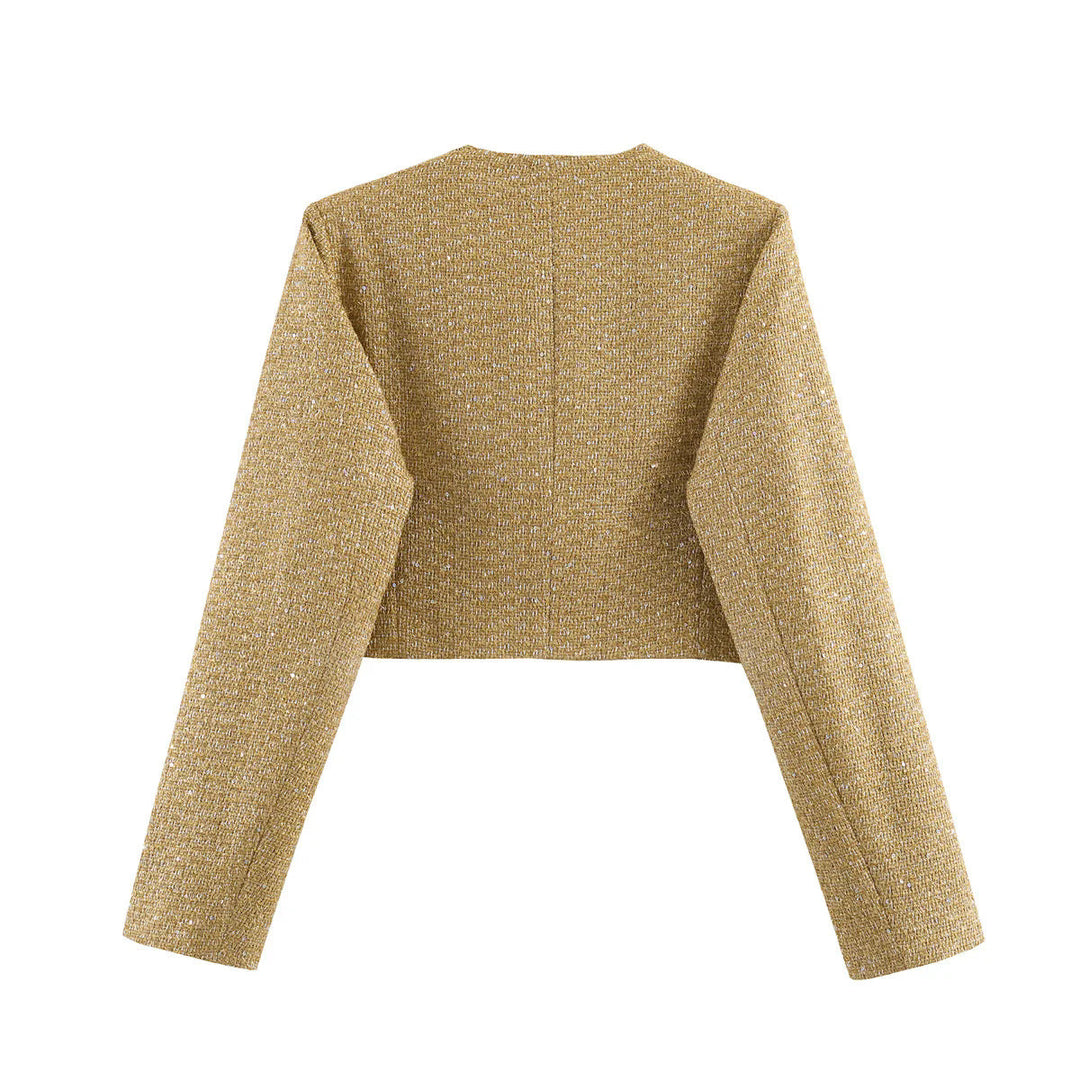 Dam kort Boucle blazer jacka med rund hals och Decorative Button