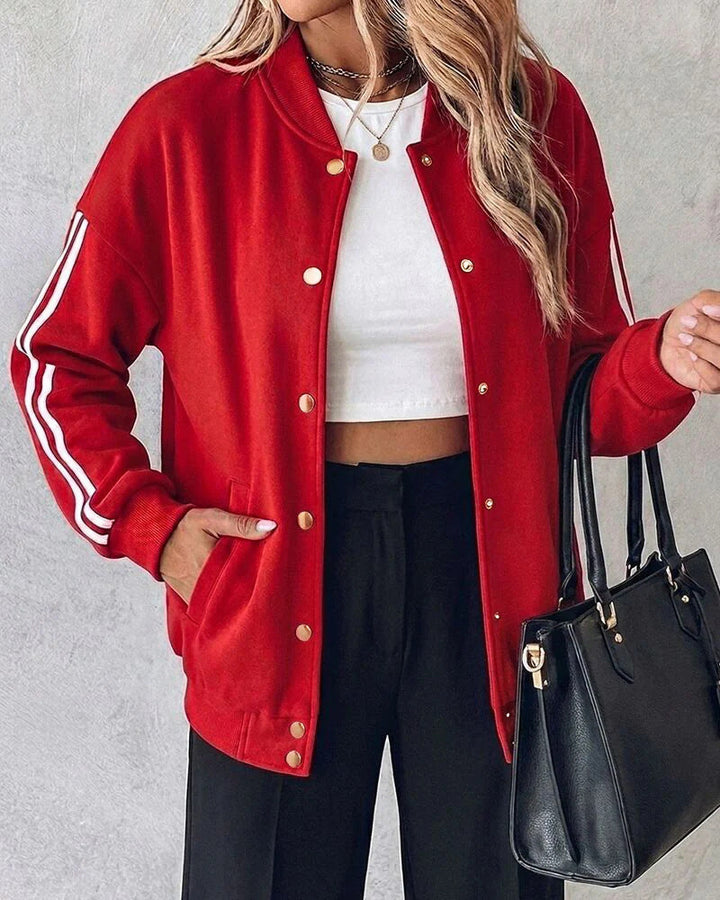 Dam oversized College jacka med Snap knäppning och kontrasterande Stripe ärmar