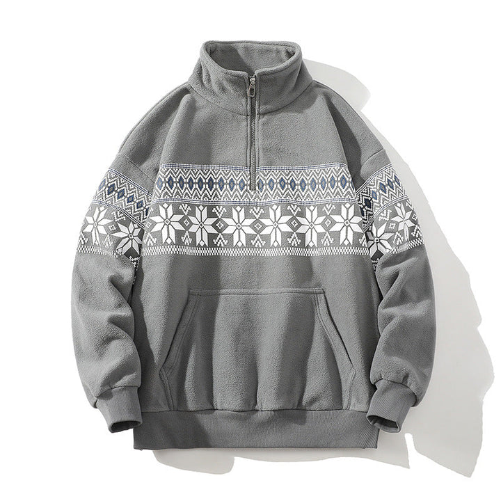 Unisex Norwegian mönster fleecejacka med ståkrage, all-round dragkedja och dragsko