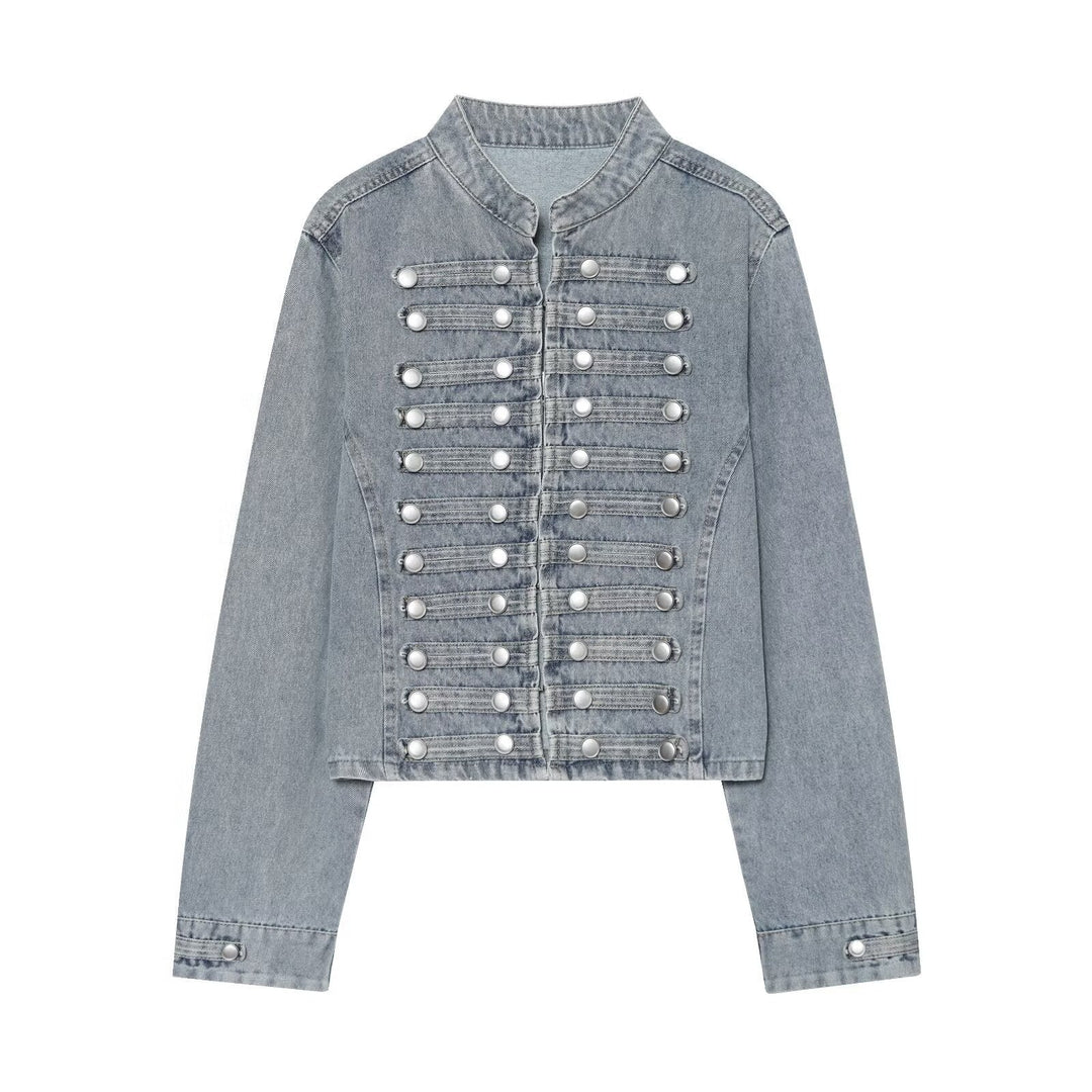 Dam kort skärning denimjacka in military stil med ståkrage och dekorativ knapp rows