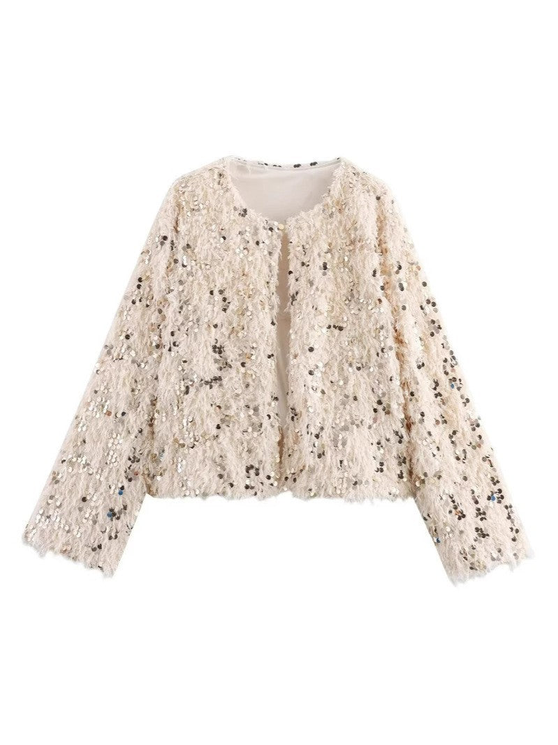 Dam Kort Jacka Gjord av Fluffy Konstpäls med Sequin Kant
