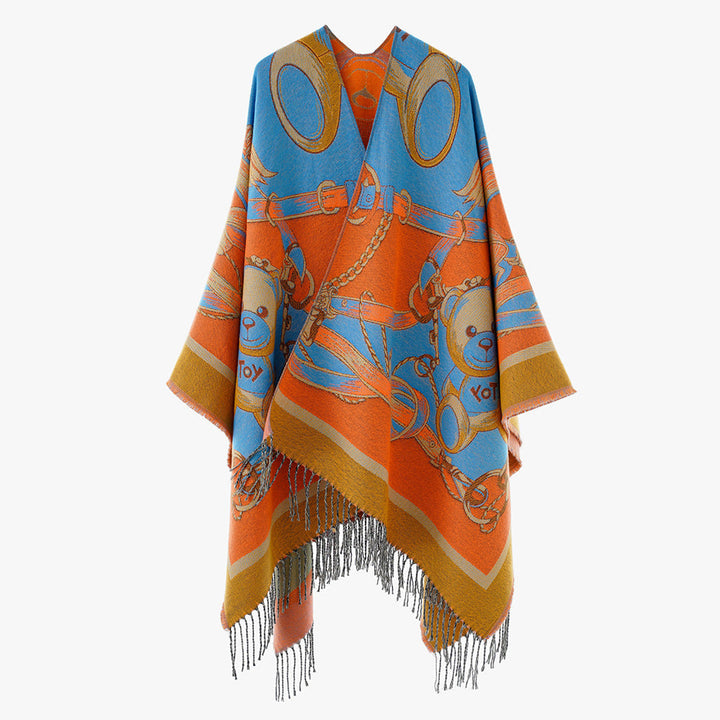 Dam Jacquard-capeponcho med Teddy Motif, oversized silhuett och fransfåll