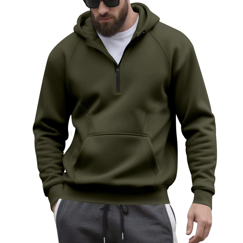 Herr Halv Dragkedja Luvtröja i Minimalistisk Softshell Look med Känguruficka och Raglanärmar
