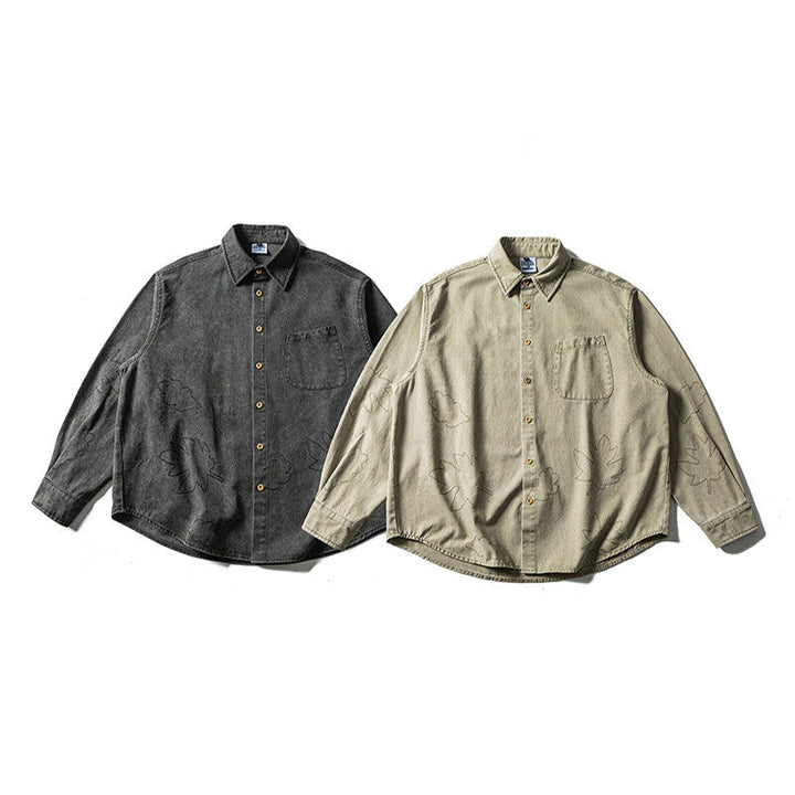 Unisex Oversized Skjorta Jacka med Embroidered Leaf Motifs och Rounded Fåll