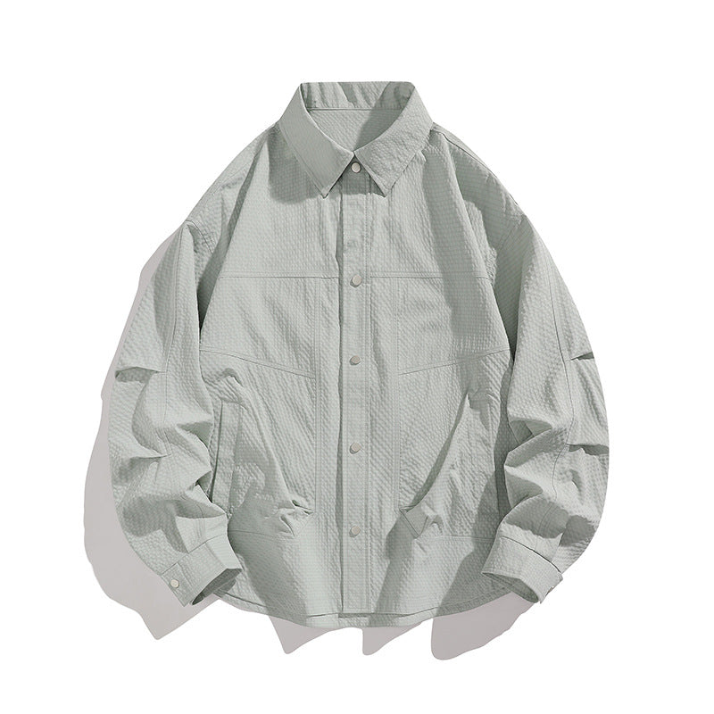 Herr Lätt Oversized Skjortjacka med Tryckknapp Knapp Slå, Strukturerad Tyg &amp; Utanpåfickor