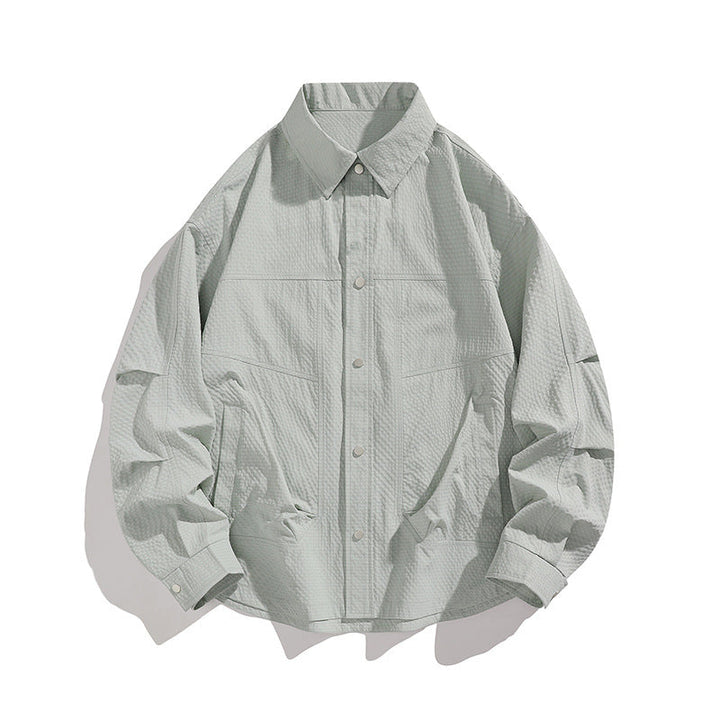 Herr Lätt Oversized Skjortjacka med Tryckknapp Knapp Slå, Strukturerad Tyg &amp; Utanpåfickor