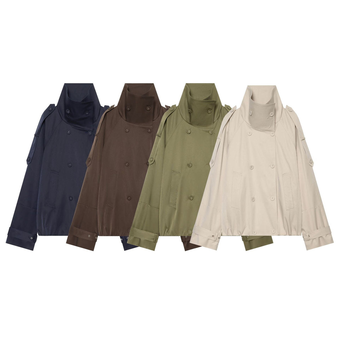 Dam double-breasted cape trenchcoat med high stand krage och adjustable ärm tabs