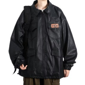 Unisex oversize Utility konstläder jacka med Multiple Flap fickor