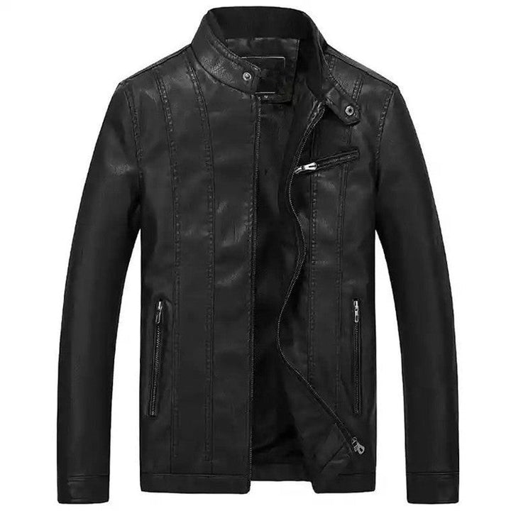 Herr Smal-Passform Läderimitation Jacka i Biker Stil med Ståkrage och Vertikal Dekorativa Sömmar
