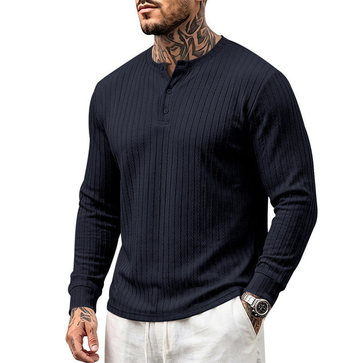 Herr Fin Stickad Henley med Ståkrage och Cable Mönster