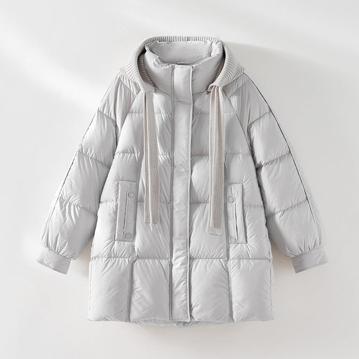 Dam vadderad kviltad jacka med huva ribbed krage lös passform och midi length