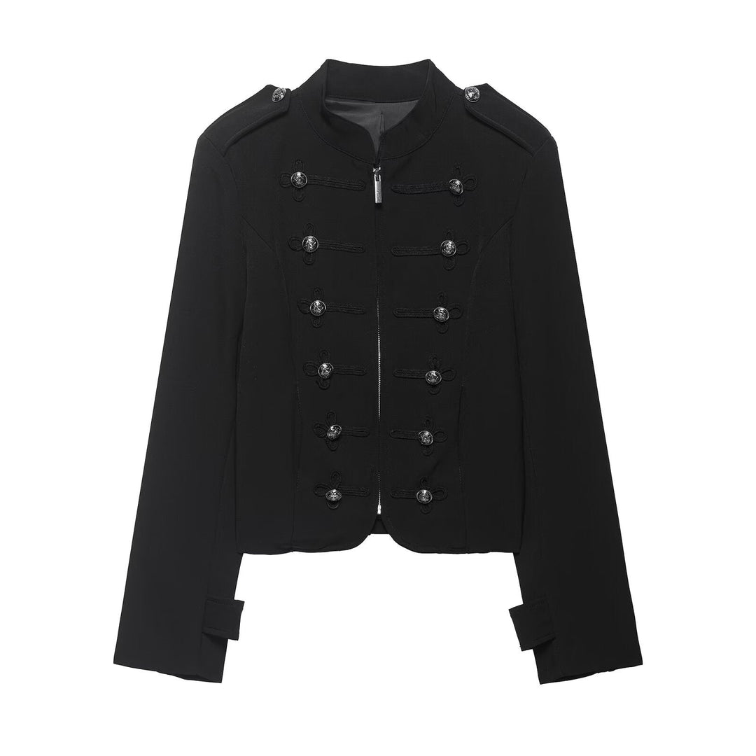 Dam Military-Inspired Kort Jacka med Stå Krage, Dekorativ Cords, och Epaulettes