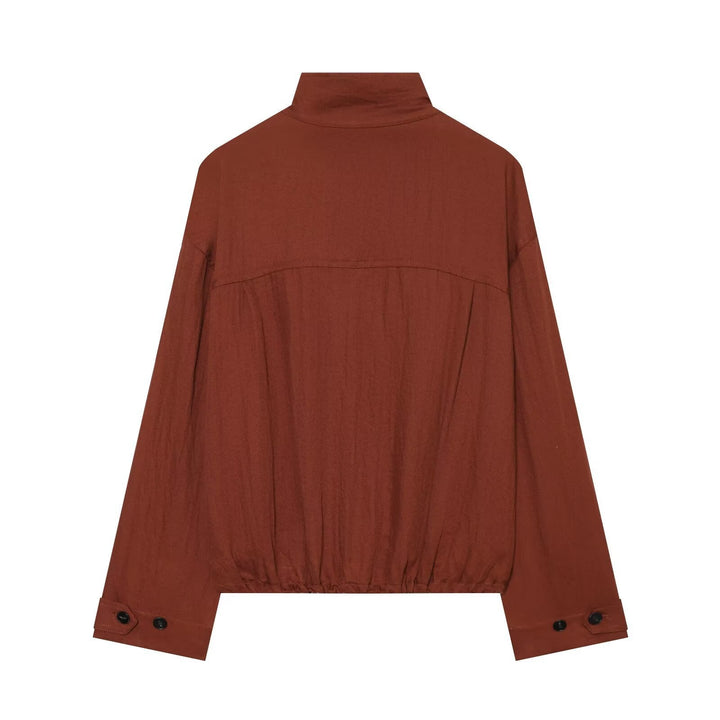Dam Kort Jacka i Utility Stil med Stå Krage, Patch Chest Fickor, och Drawstring Nederkant