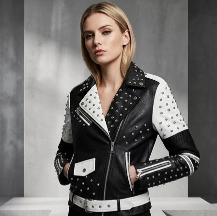 Dam Studded bikerjacka gjord konstläder med midjebälte