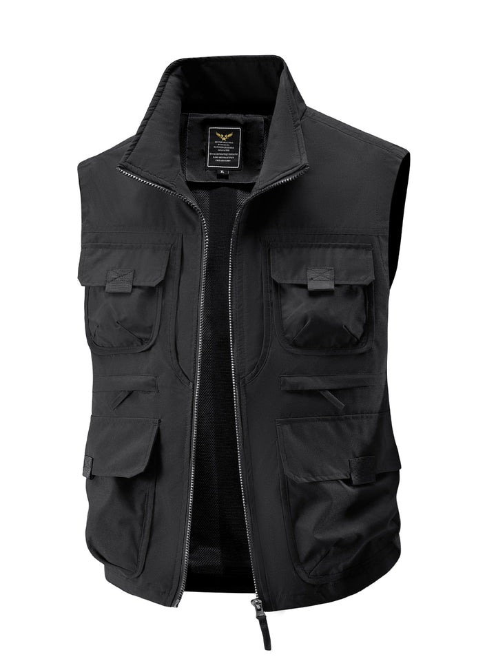 Herr Multi-Pocket Utility Väst med Hög Krage Tvåvägsdragkedja och Mesh Foder