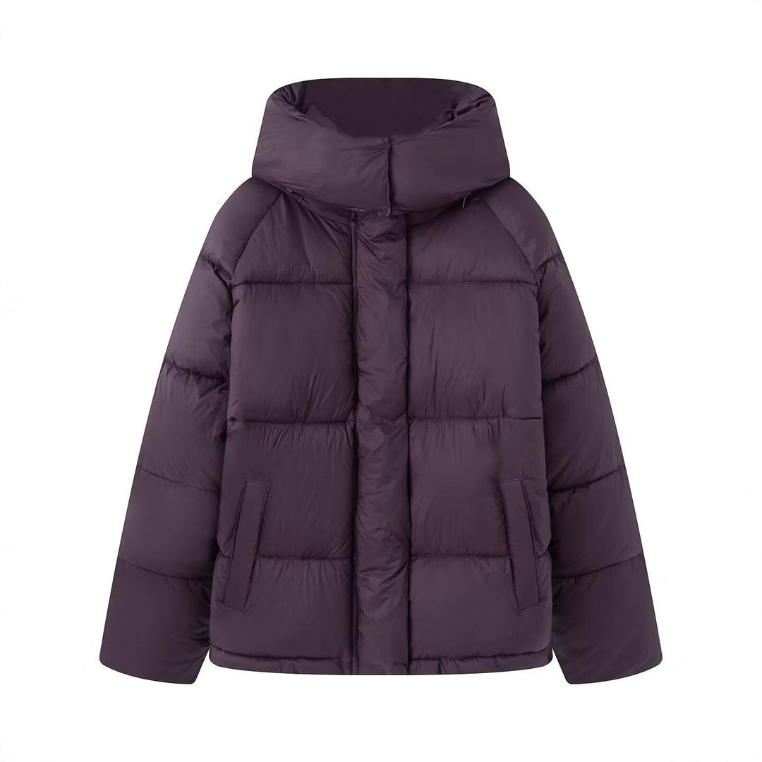 Dam Kort Skärning Oversized Quiltad Jacka med Hög Krage och Huva