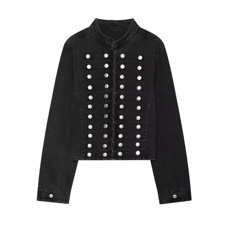 Dam kort skärning denimjacka in military stil med ståkrage och dekorativ knapp rows