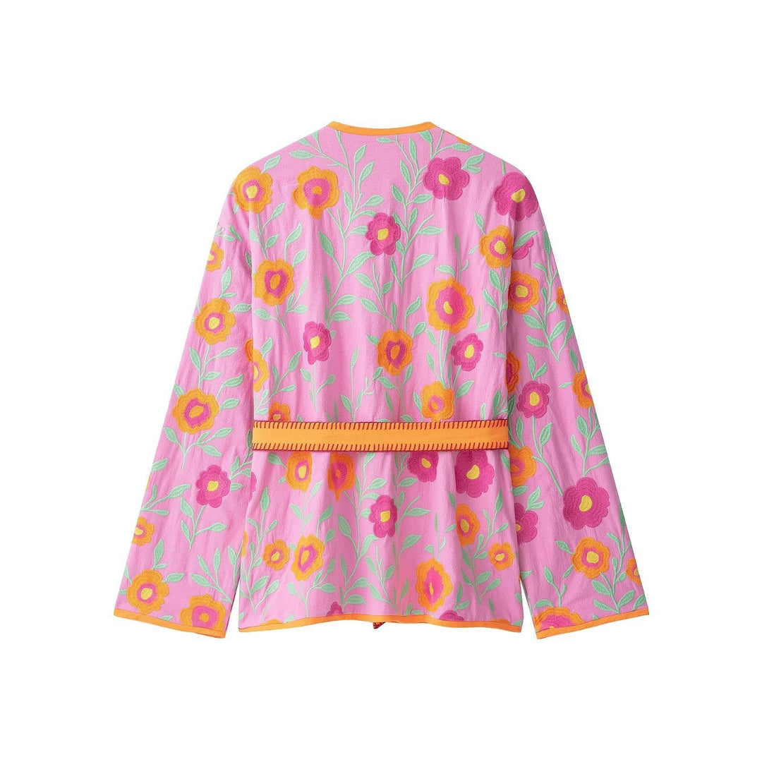 Dam Embroidered Kort Kimono Tillverkad av Bomull Blend med Tied Belt och V-Neck