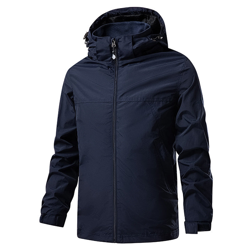 Herr Lätt Packable Regn och Vind Jacka med Justerbar Huva och Microfleece Krage