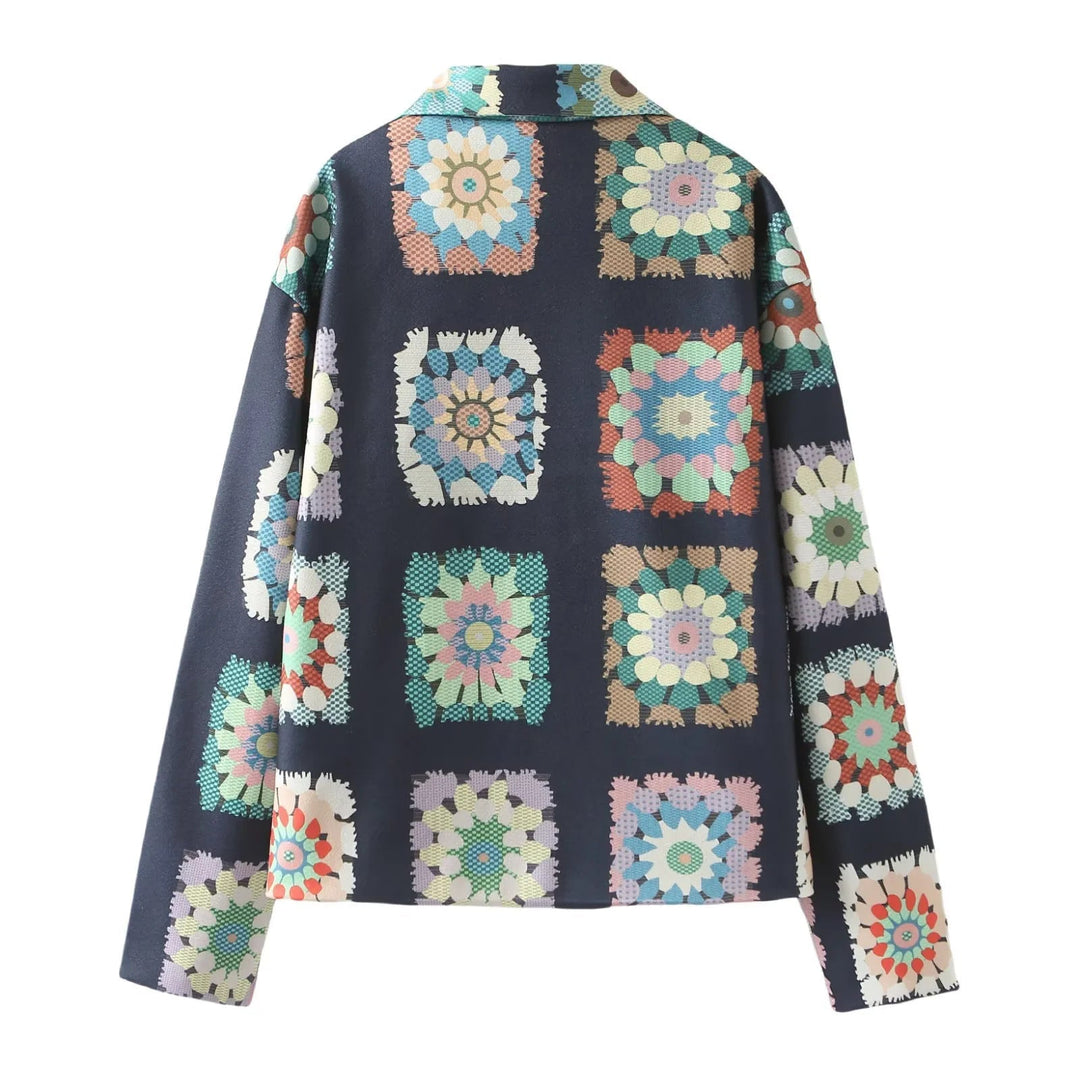 Dam Mönstrad kort boxy jacka med floral patchwork squares