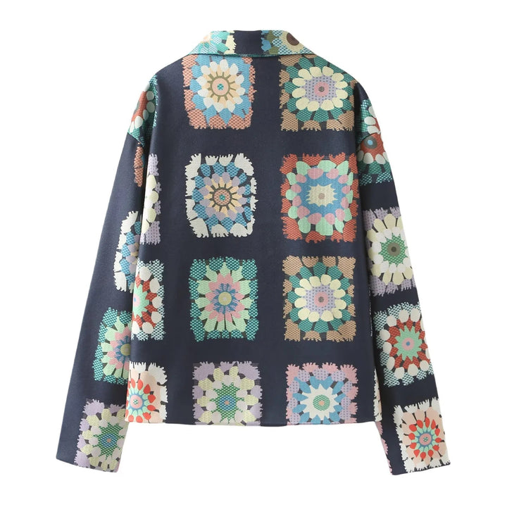 Dam Mönstrad kort boxy jacka med floral patchwork squares