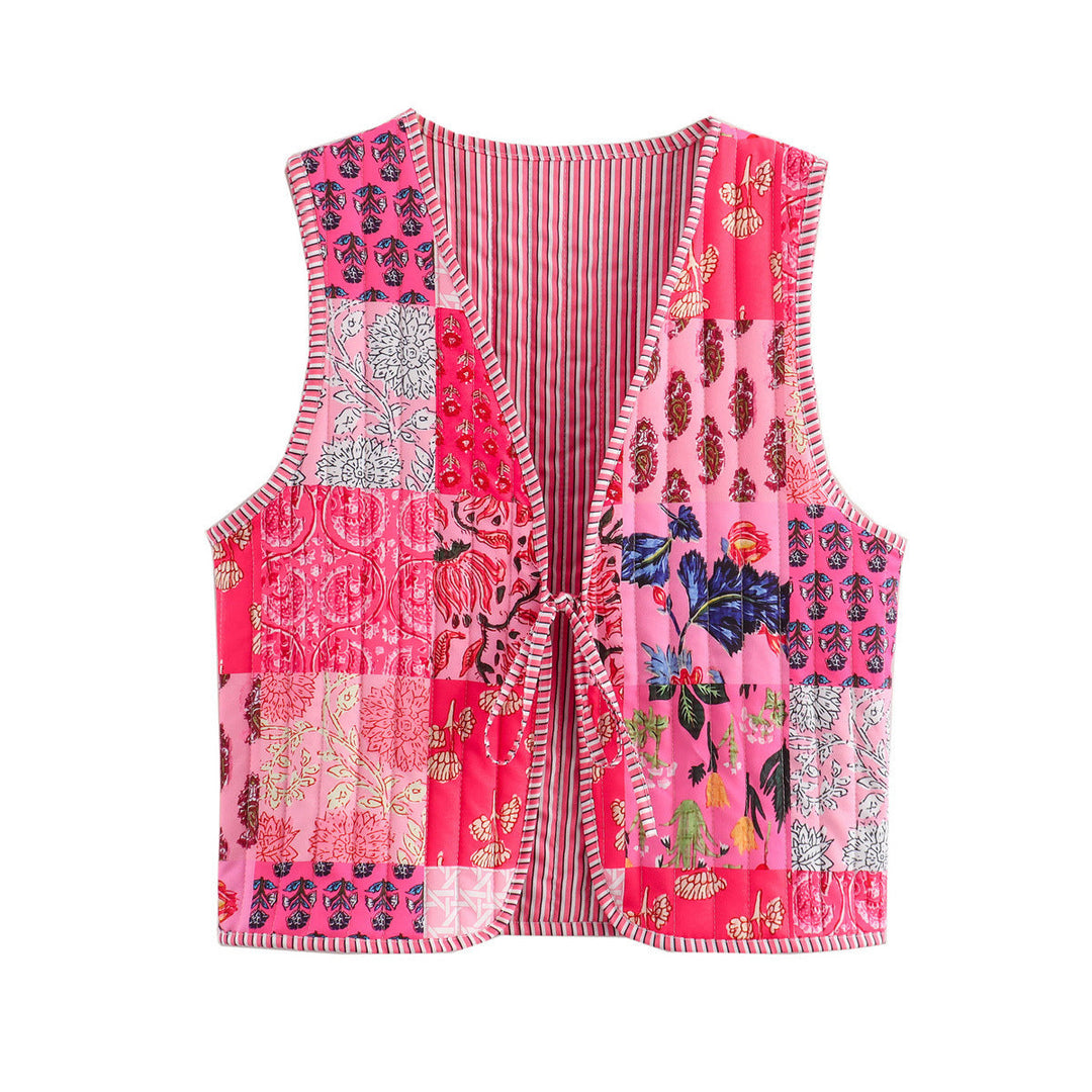 Dam kviltad Waistcoat med Toile tryck, randig foder och dragsko