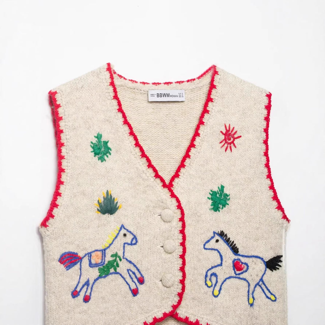 Dam embroidered ullblandning väst med horse motifs, crocheted edge och decorative knäppning
