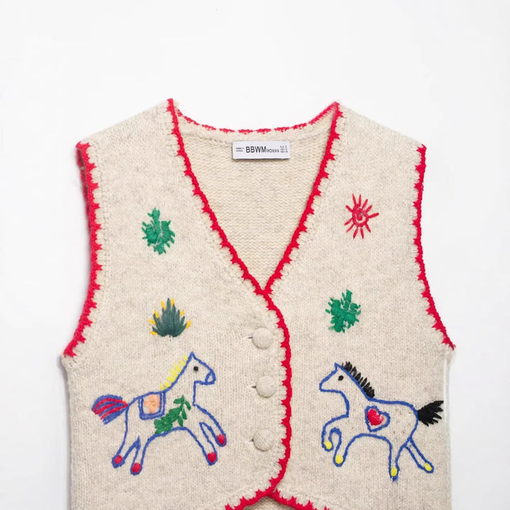 Dam embroidered ullblandning väst med horse motifs, crocheted edge och decorative knäppning