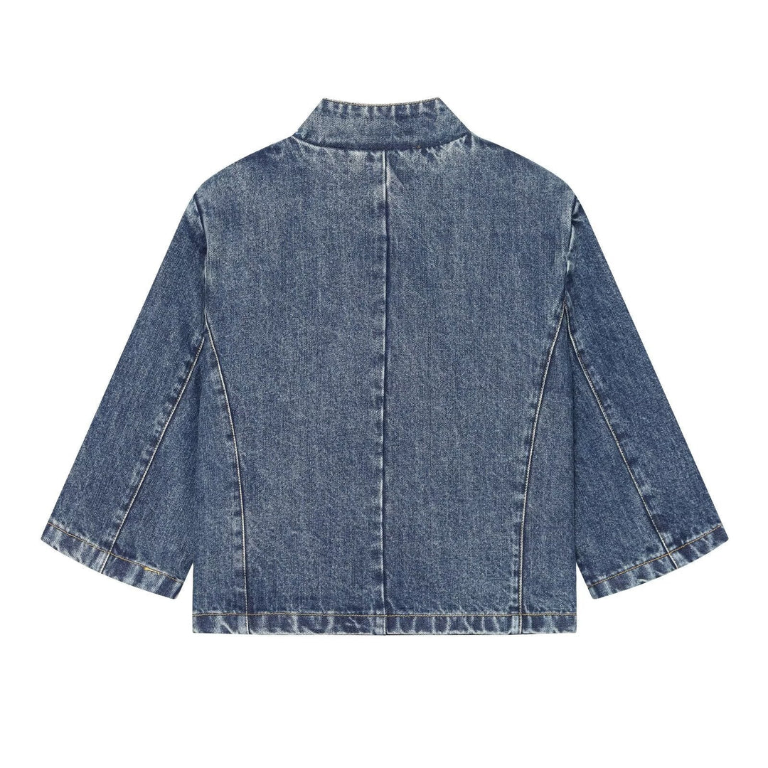 Dam Kort Jacka Tillverkad av Denim i A Boxig Skärning med Stå Krage