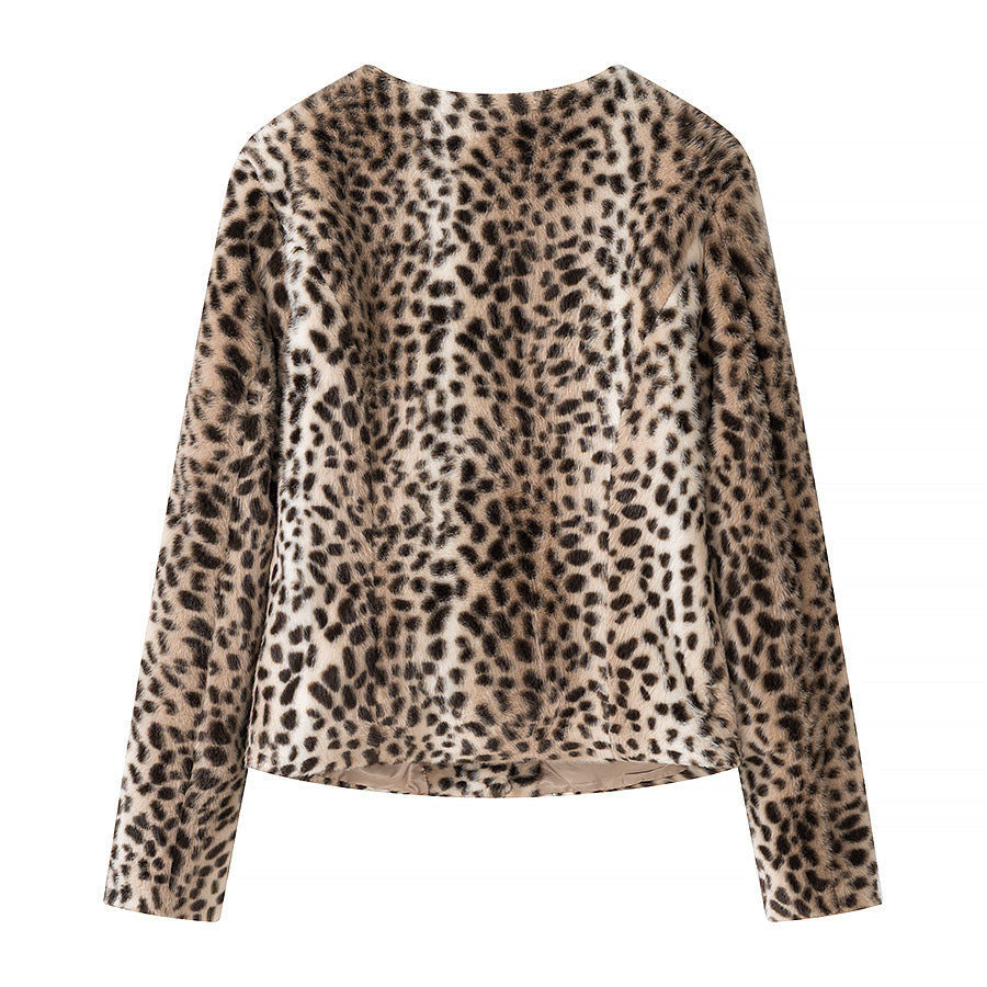 Dam Kort Jacka Tillverkad av Faux Fur med Leopard Mönster och Round Neckline