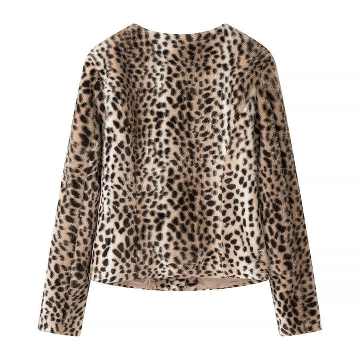 Dam Kort Jacka Tillverkad av Faux Fur med Leopard Mönster och Round Neckline