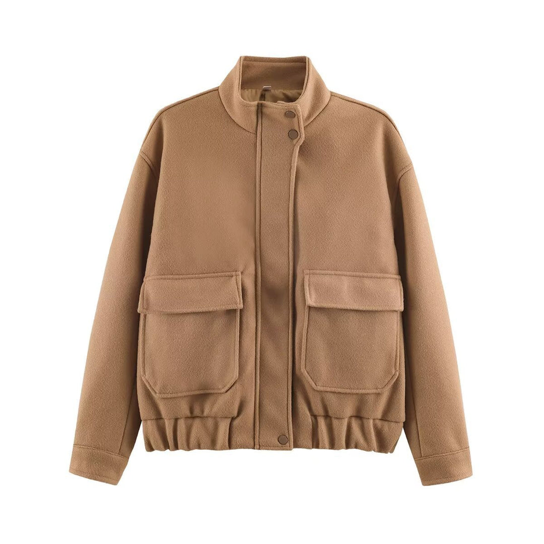 Dam Boxig Övergångsjacka Tillverkad av Ull Blend med Stå Krage, Patch Lock Fickor och Elastic Nederkant