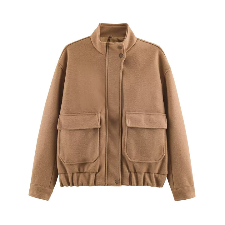 Dam ullblandning blouson jacka med ståkrage, stor flap fickor, och elastic fåll