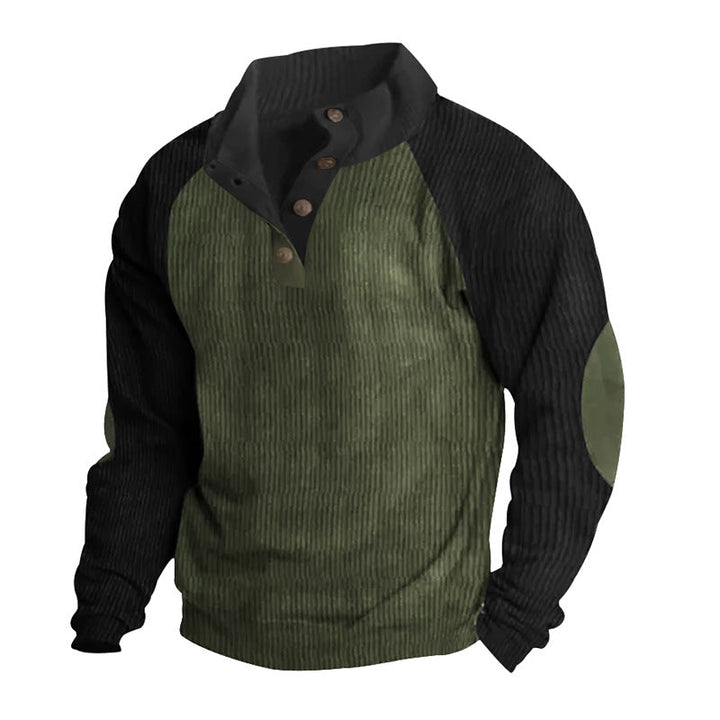 Herr Termisk Cord Pullover med Knapplist, Ståkrage, Raglanärmar, och Elbow Lappar