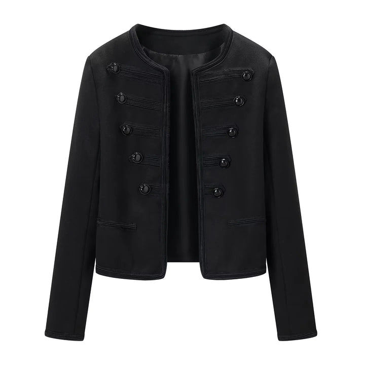Dam kort-skärning military blouse jacka med round neckline, decorative manchester kanter, och glansig ball knappar