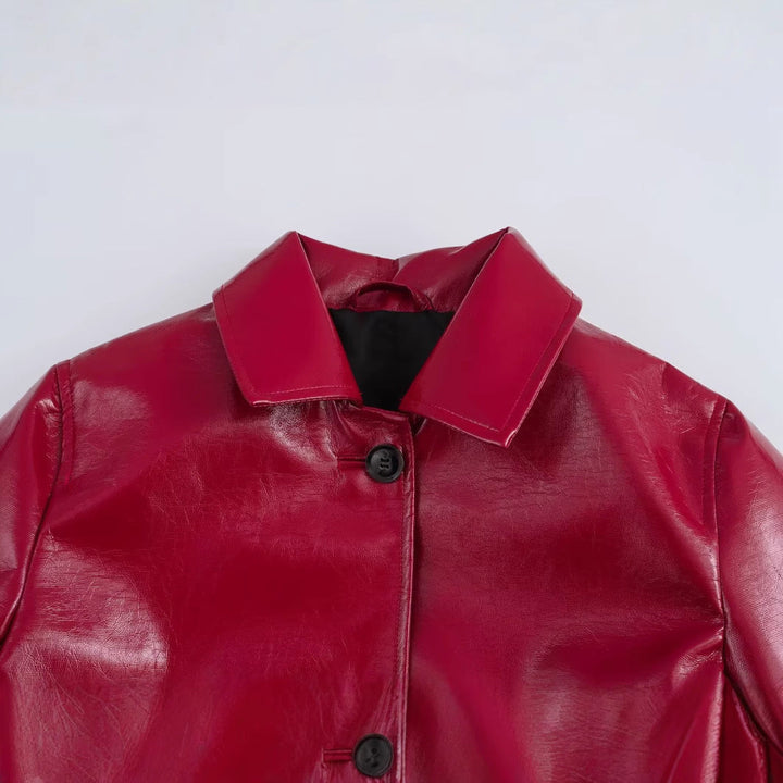 Dam Shiny Konstläder Blouse Jacka i Boxig Skärning med Skjortkrage