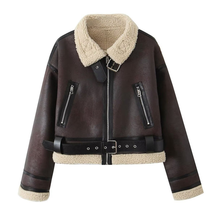 Dam Kort Aviator Jacka i Läder Look med Teddy Foder, Fickor med Dragkedja, och Midjebälte