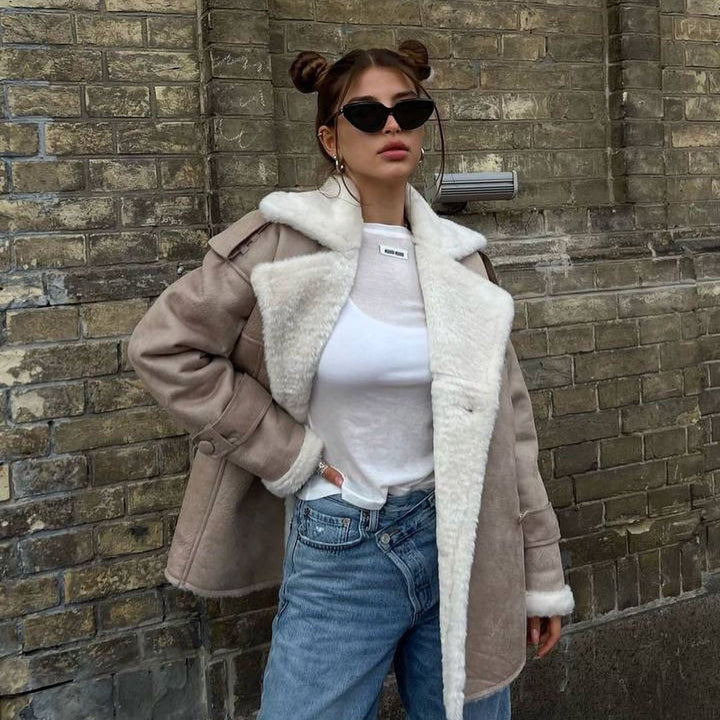 Dam oversize Flight jacka gjord Lambskin Imitation med Double-Breasted knappslå