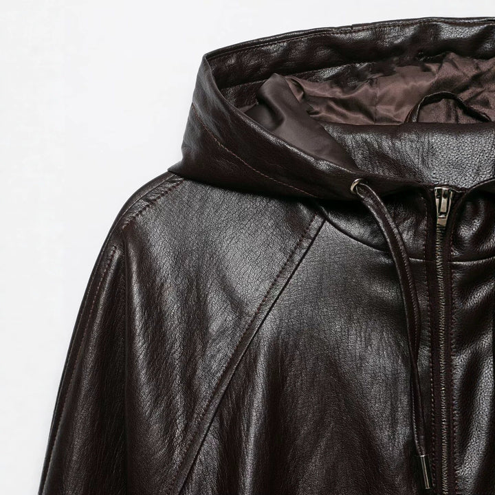Dam Kort Huvtröja Jacka i Konstläder med Drawstring Raglan Ärmar och Dragkedja