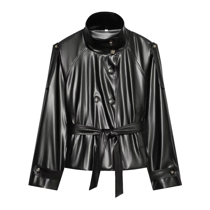 Dam Kort Trench Blouson i Läderlook med Waist Belt, Hög Standing Krage, och Double Knapp Knäppning