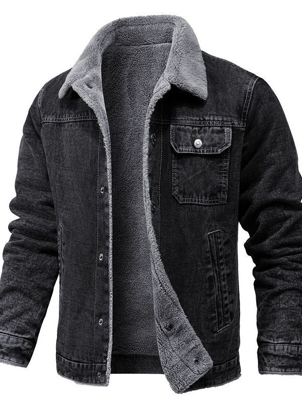 Herr Sherpa-lined denimjacka med teddyfoder och bröstficka