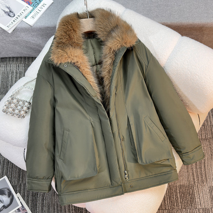 Dam mid-length vindtät vinter parka med detachable fuskpälskrage, vadderad inner flap och asymmetrical fåll