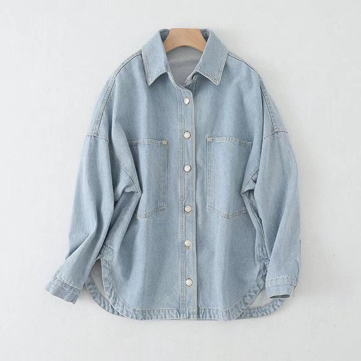 Dam Oversize Jeans Skjortjacka med Patch Fickor och Rounded Nederkant