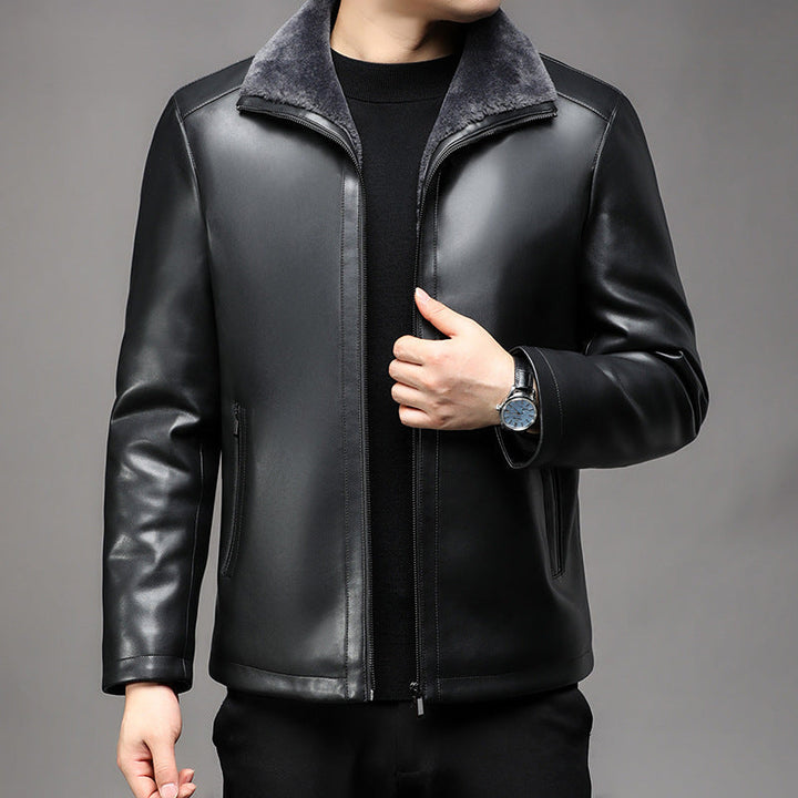 Herr Läder Jacka med Varm Lambskin Foder och Ståkrage