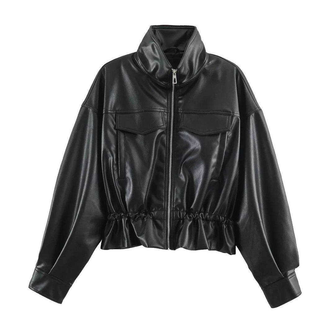 Dam Oversize Blouson Jacka Tillverkad av Vegansk Läder med A Hög Standing Krage och Drawstring Waist